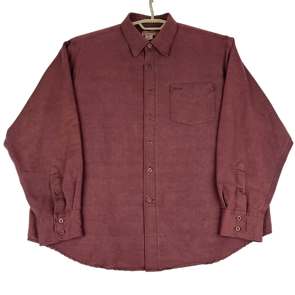 Guess Button Down Shirt Mens XL Burgundy Long Sleeve Rayon Linen Blend Pocket